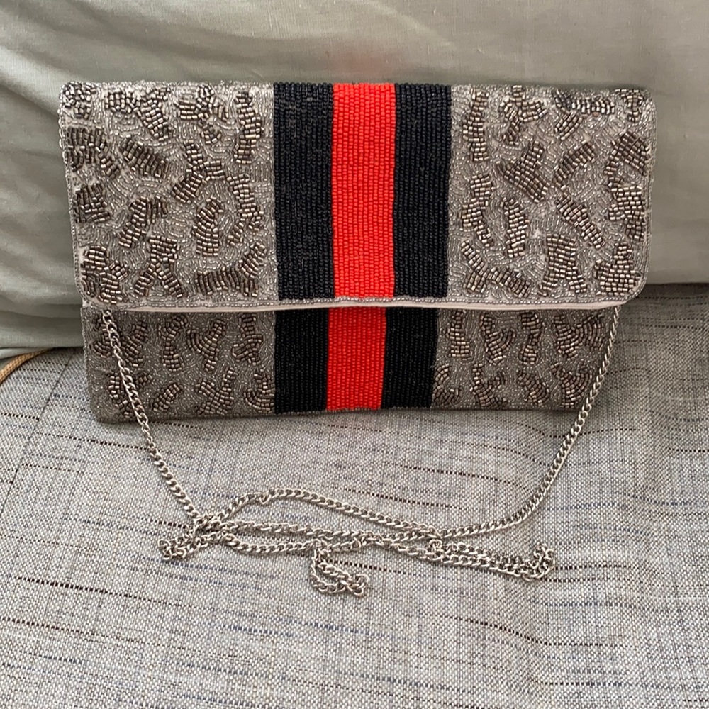 Red, black and silver beaded clutch